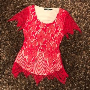BKE Boutique Red Lace Overlay Top